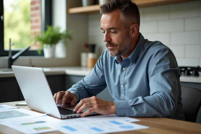 Homme d'affaires en cuisine lisant des documents immobiliers