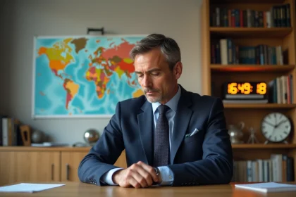 Homme d'affaires français regardant sa montre avec une carte du monde en arrière-plan