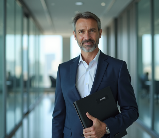 Rachat Nexity : quel acquéreur pour la société ? Homme d'affaires en costume navy dans un bureau moderne