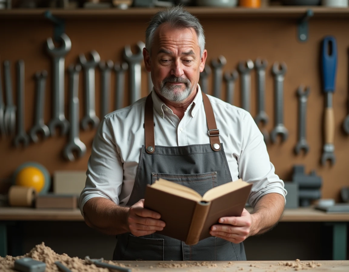 Homme en tablier consultant un dictionnaire dans un atelier organisé avec des outils accrochés au mur