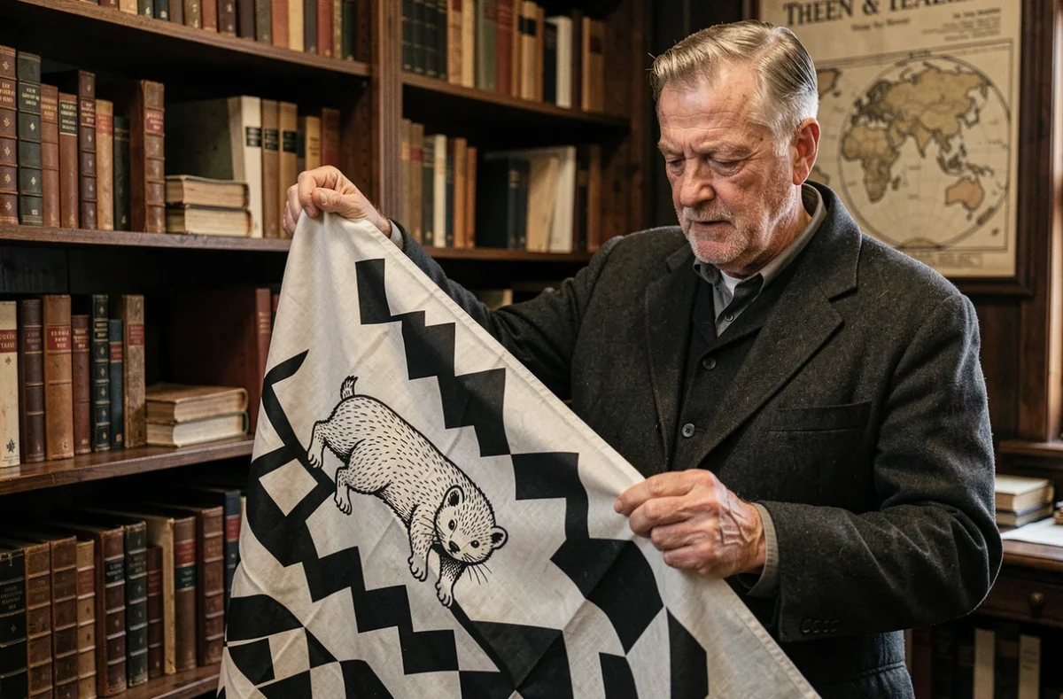 Homme breton en veste de laine sombre examinant attentivement un drapeau Gwenn ha du déplié dans une bibliothèque patrimoniale, avec les bandes et les hermines bien visibles