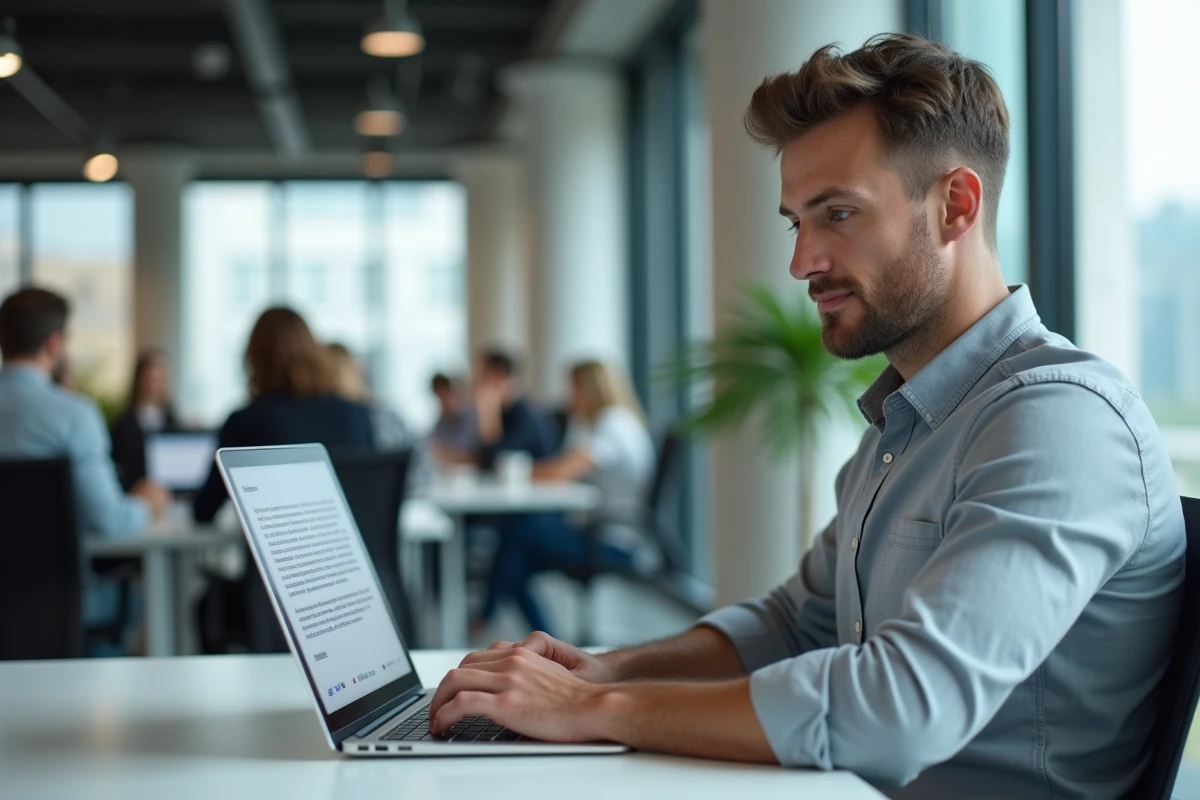 Homme en bureau moderne rédigeant un email de remerciement formel en français sur son ordinateur portable