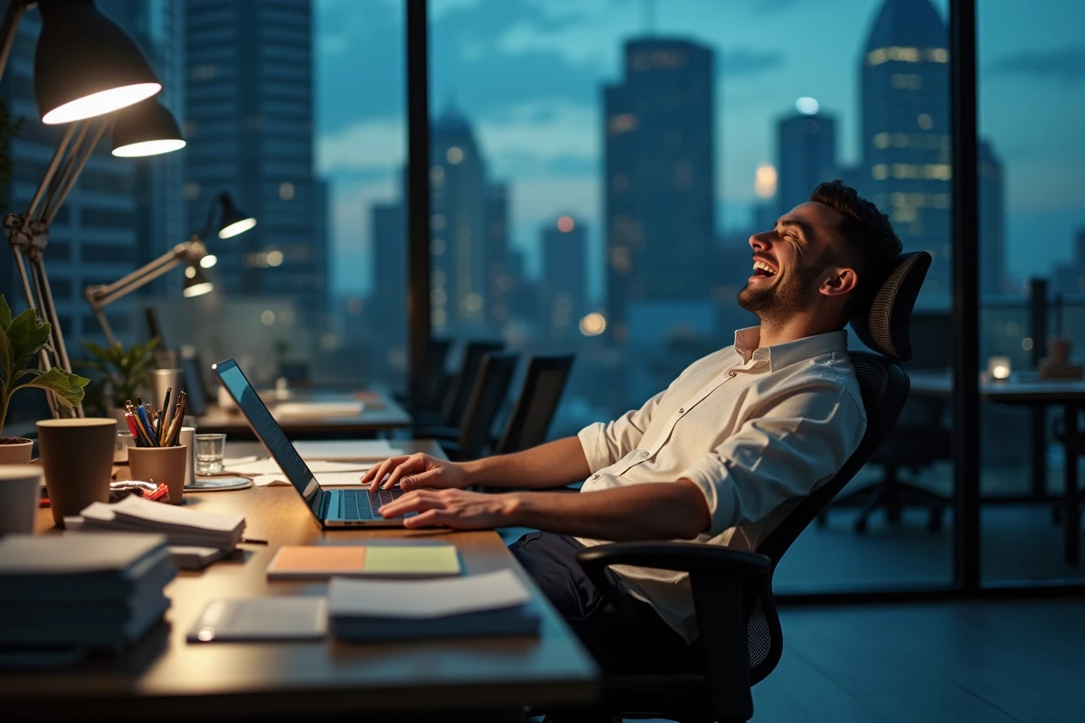 Homme surpris et amusé devant son ordinateur portable dans un bureau vide, découvrant de l'humour noir en ligne
