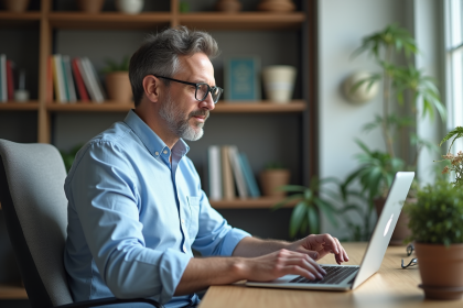 Homme d'âge moyen travaillant sur un ordinateur dans un bureau cosy