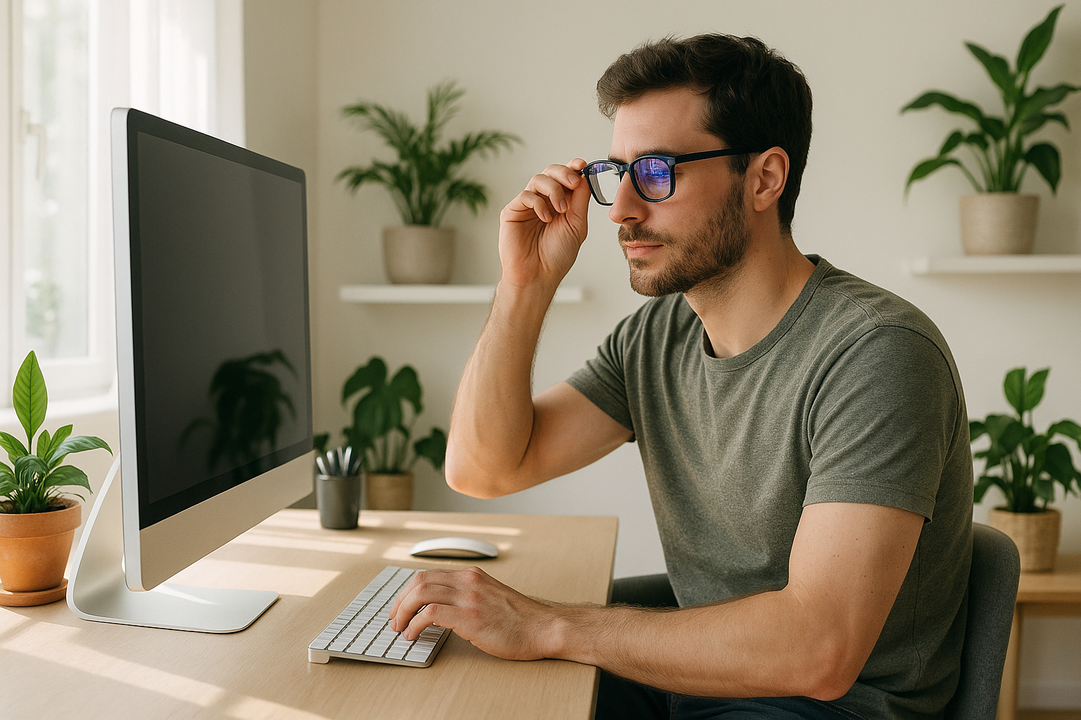 Homme travaillant à un bureau lumineux avec plantes vertes