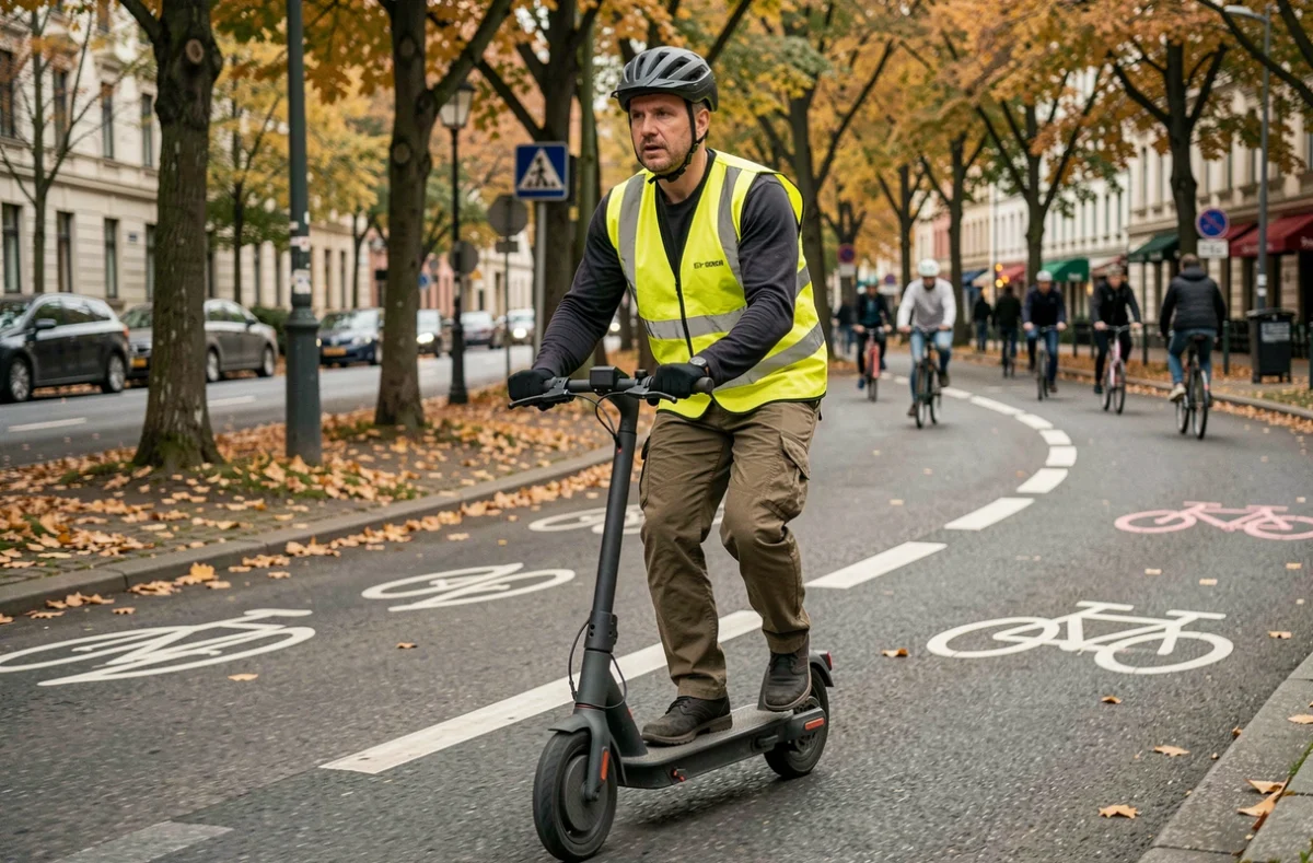 Homme casqué roulant à vitesse modérée sur une trottinette électrique dans une piste cyclable urbaine en automne