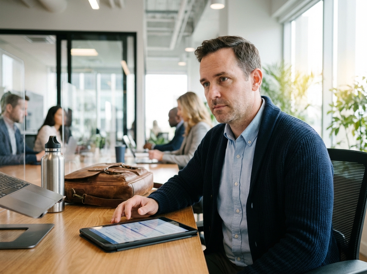 Homme en coworking regardant un formulaire sur tablette