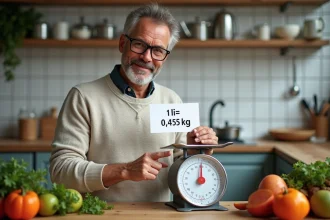 Homme d age moyen en cuisine avec balance et carte