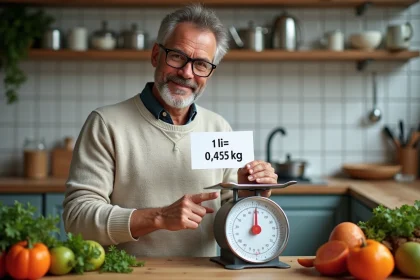 Homme d age moyen en cuisine avec balance et carte