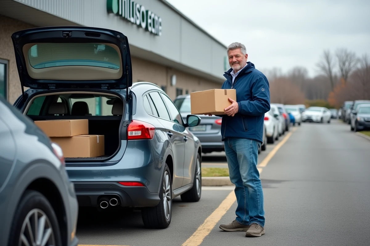 Homme déchargeant des cartons au centre de recyclage Milletière