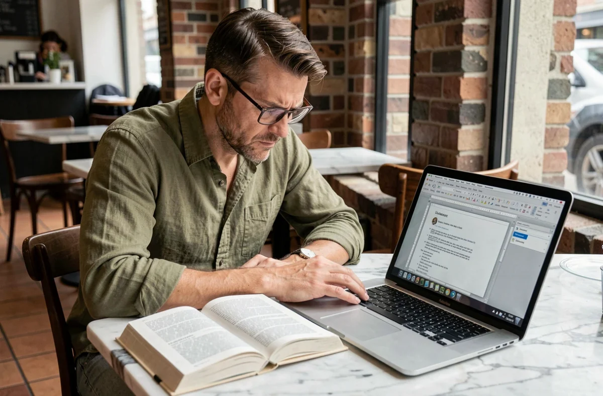 Homme consultant un manuel de grammaire française dans un café pour comprendre l'accord des verbes