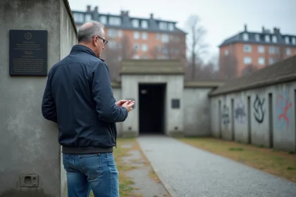 Homme en veste navy devant le bunker de Berlin