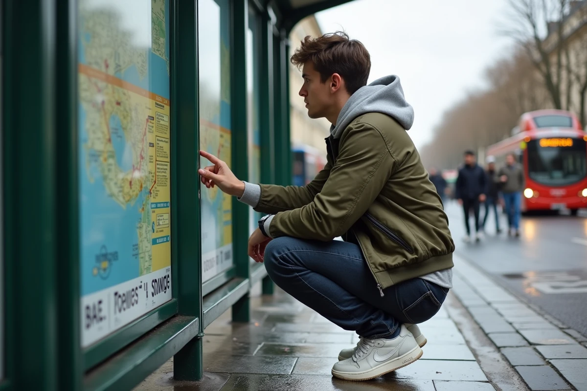 Jeune homme lisant le plan de l'arrêt de bus 92 RATP sous un abribus parisien