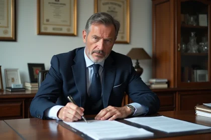 Homme français en costume examinant permis d'armes