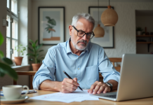 Homme d'âge moyen lisant des documents dans un intérieur moderne