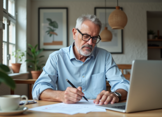 Homme d'âge moyen lisant des documents dans un intérieur moderne