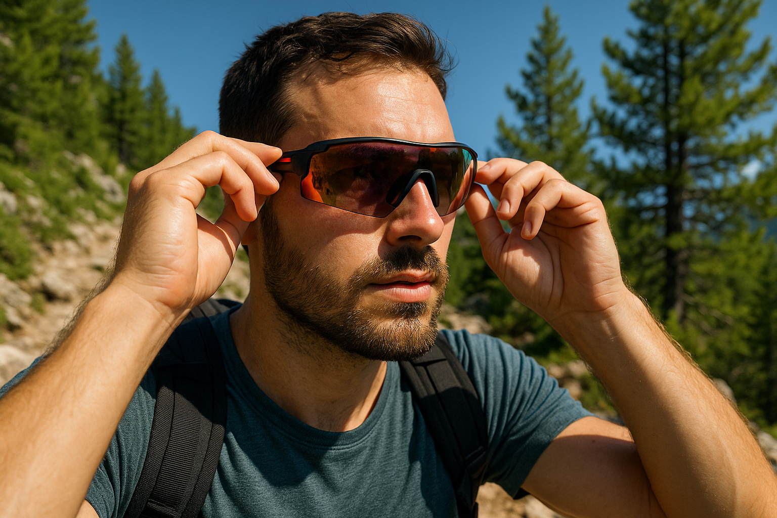 Homme ajustant ses lunettes de sport en randonnée en montagne