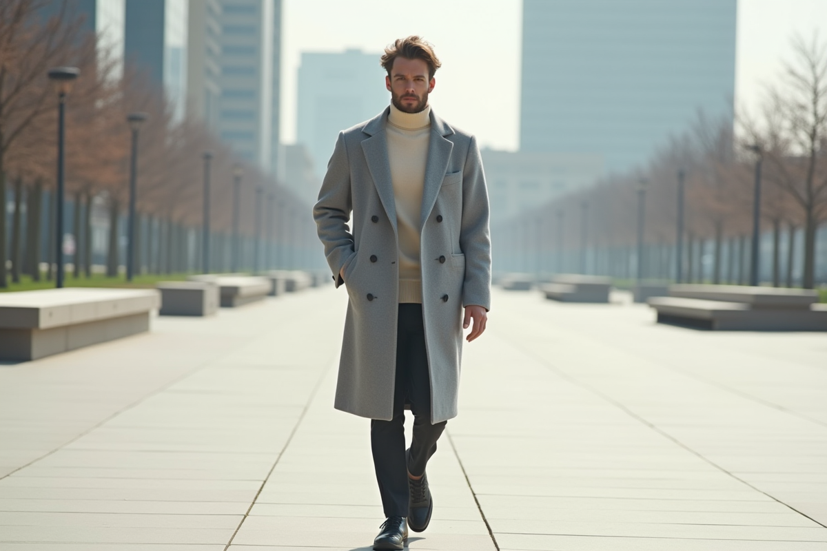 Homme en manteau gris marche dans une place urbaine calme