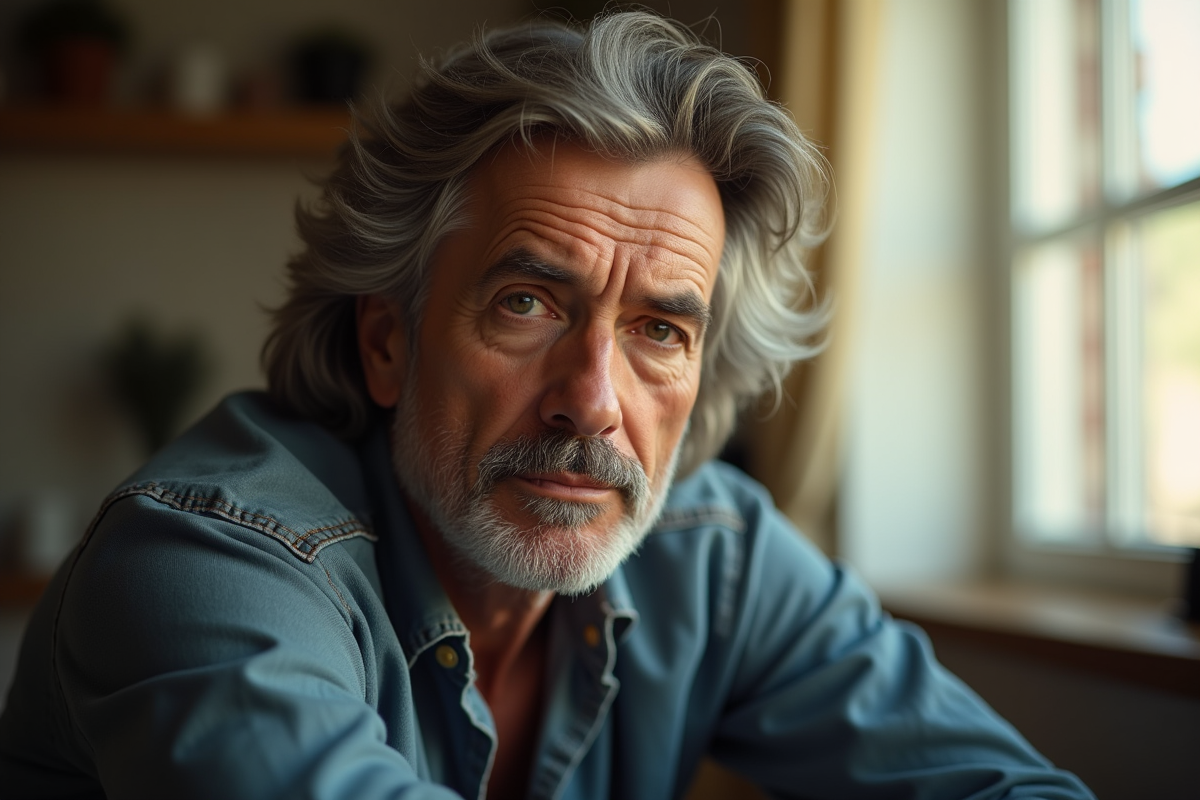 Homme mature aux cheveux ondulés assis en intérieur lumineux