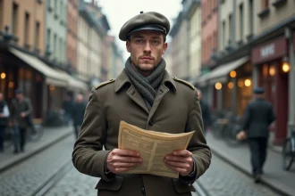 Jeune homme norvegien en 1940s dans Oslo avec carte