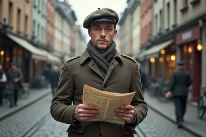 Jeune homme norvegien en 1940s dans Oslo avec carte