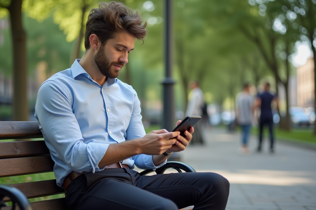 Homme regardant ses relevés bancaires dans un parc urbain