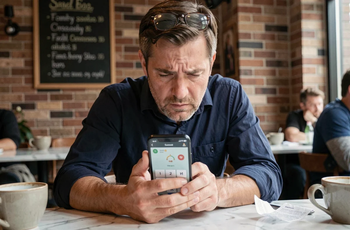 Homme d'âge moyen jouant au Pédantix sur smartphone dans un café urbain avec une expression de réflexion intense