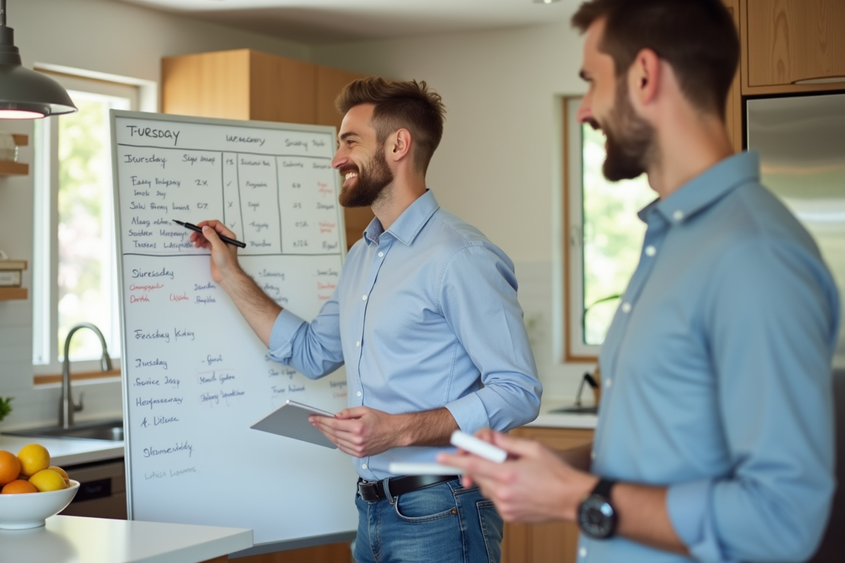 Homme utilisant un tableau blanc pour planifier sa semaine
