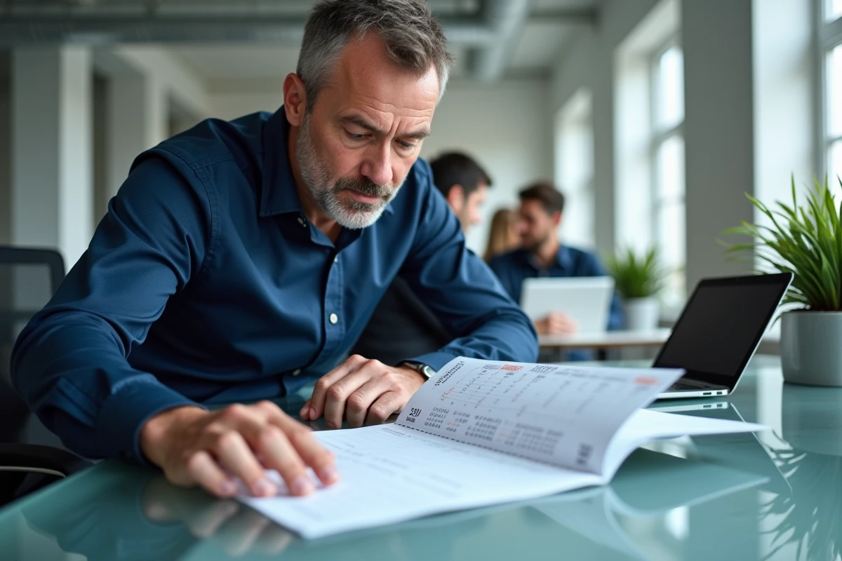 Homme consultant un planning annuel 2026 avec numéros de semaines paires et impaires dans un bureau moderne