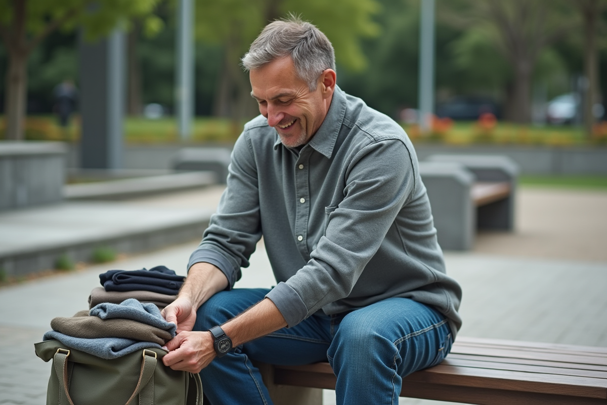 Homme arrangeant des vêtements dans un sac en plein air