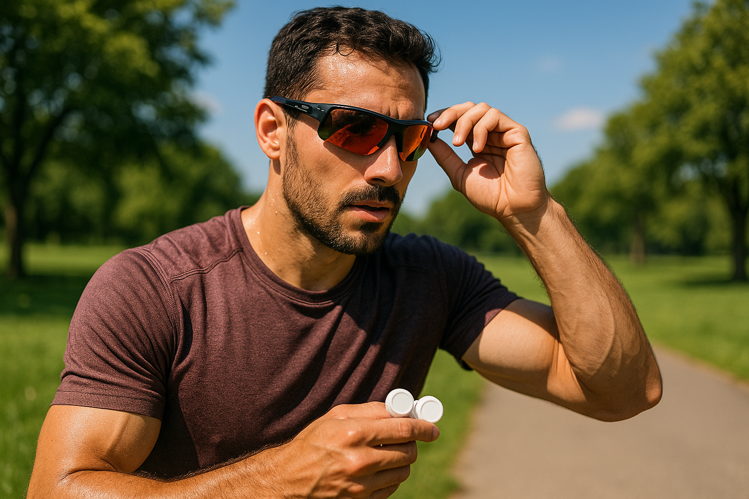 Homme sportif ajustant ses lunettes de soleil en plein air