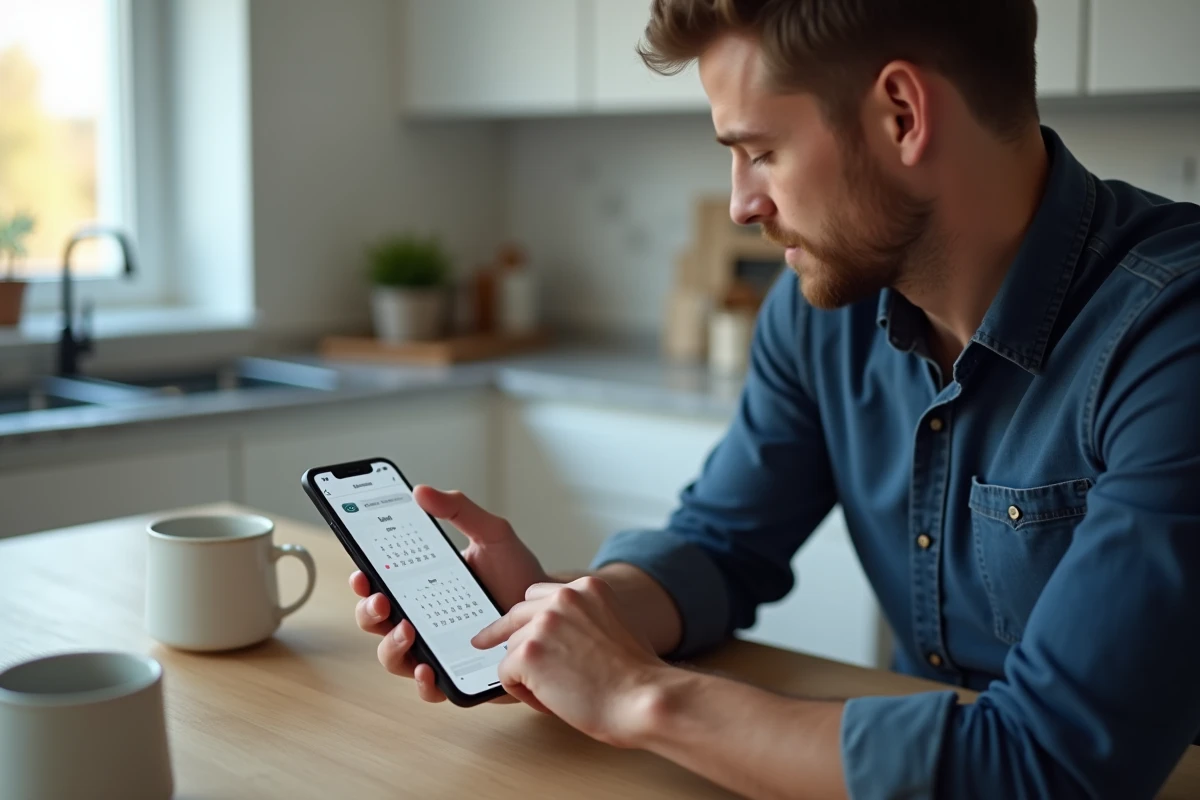Homme synchronisant un calendrier de semaines impaires sur smartphone depuis son domicile