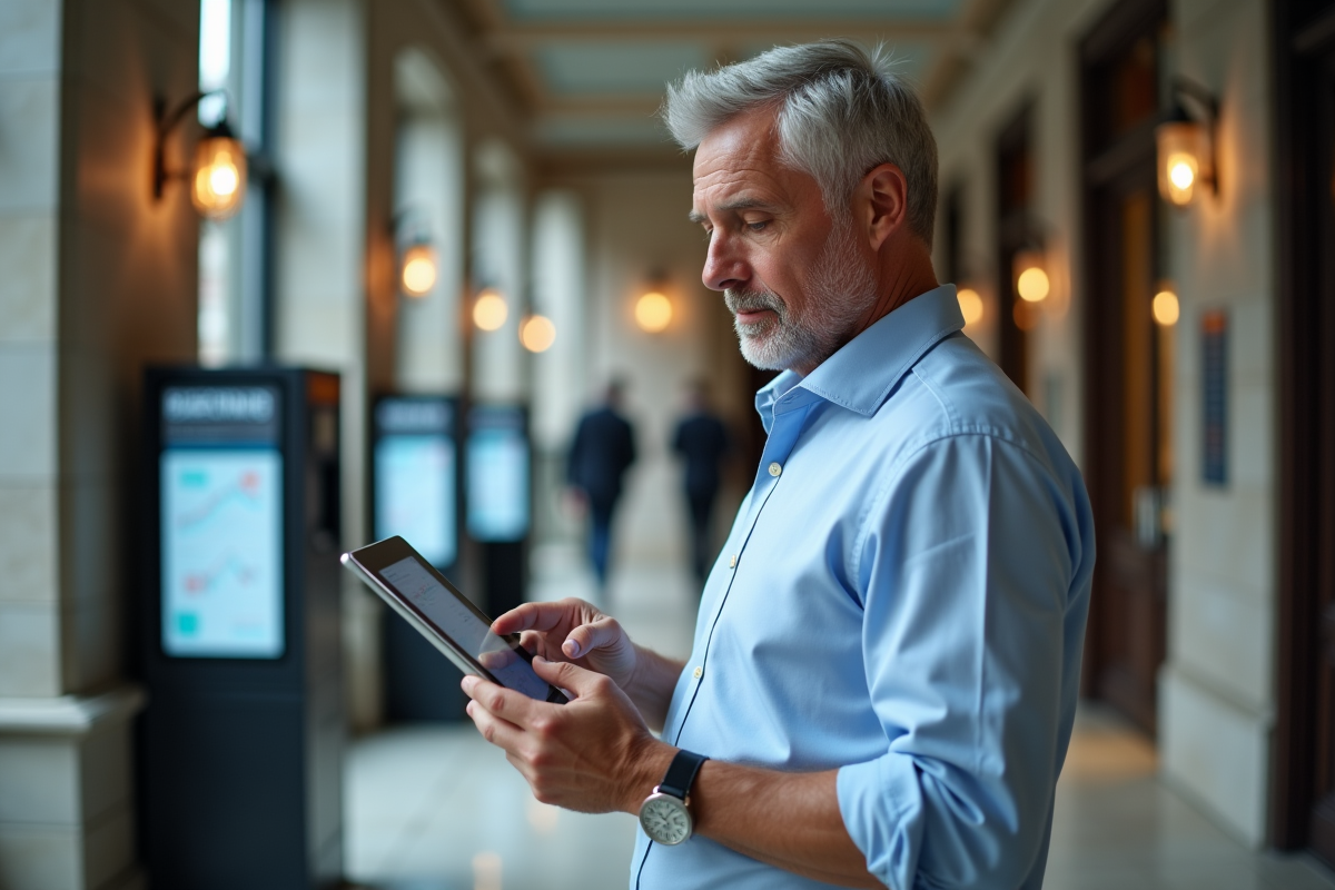 Homme d affaires utilisant une tablette avec graphiques bancaires