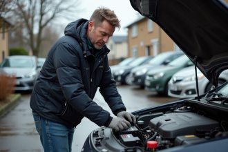 Homme vérifiant la batterie d'une voiture diesel en extérieur