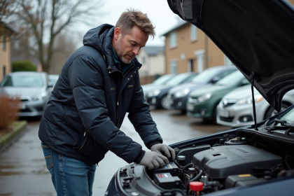 Homme vérifiant la batterie d'une voiture diesel en extérieur