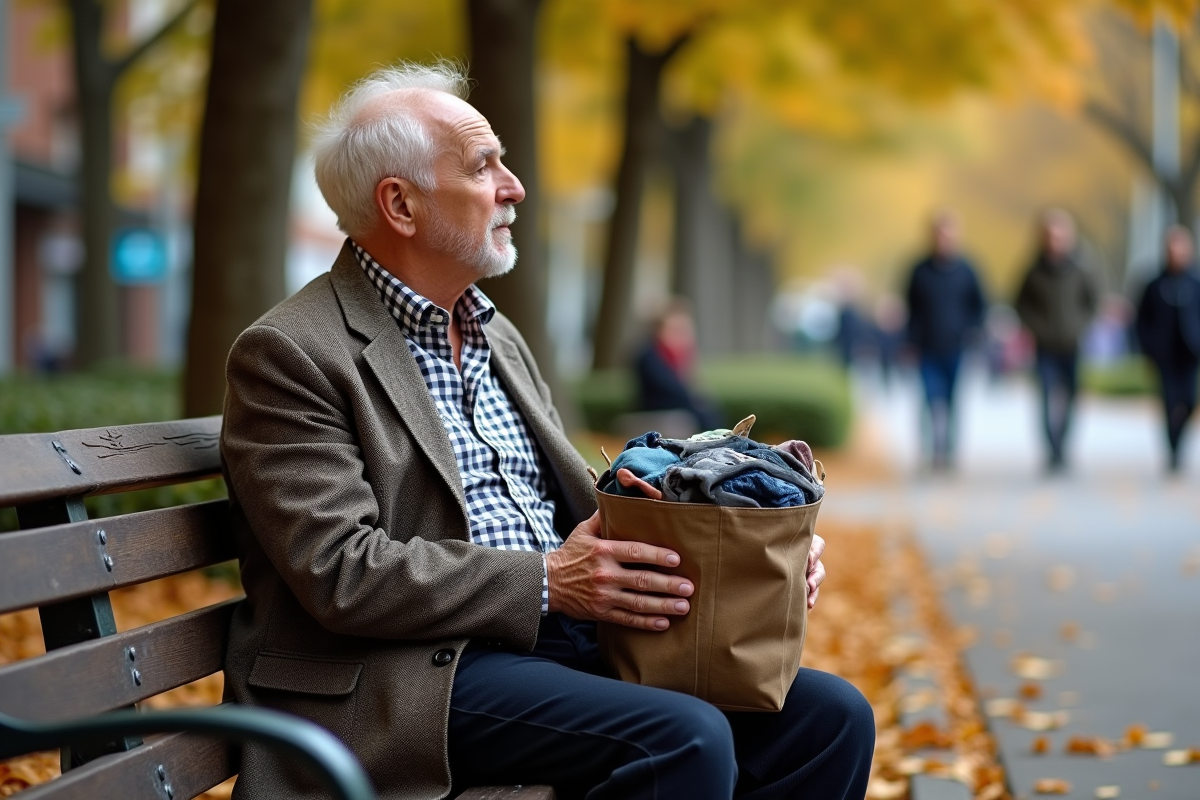 Homme âgé assis sur un banc de parc portant des vêtements vintage et un sac en toile