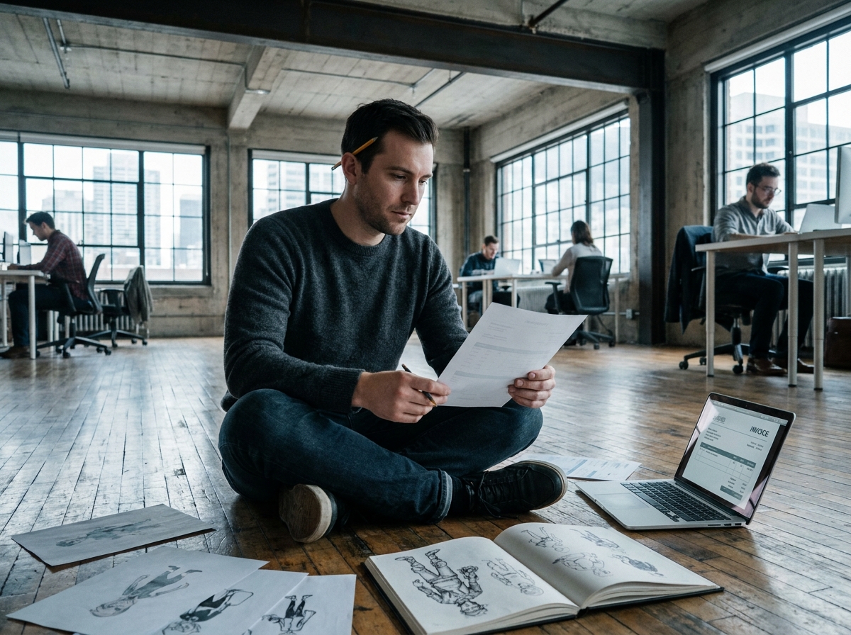 Illustrateur freelance consultant son portfolio et ses factures dans un espace de coworking créatif