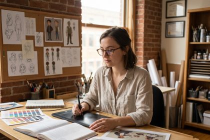Jeune illustratrice freelance travaillant à sa table de dessin dans un studio créatif avec diplômes au mur et matériel artistique