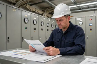Ingénieur électrique consultant des fiches de conversion mégawatt et kilowatt dans une salle de contrôle industrielle