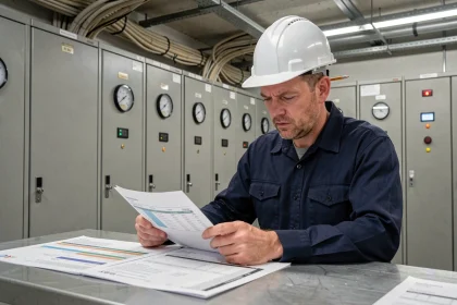 Ingénieur électrique consultant des fiches de conversion mégawatt et kilowatt dans une salle de contrôle industrielle