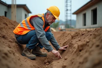 Ingénieur civil inspectant les couches de sol et les fondations en béton dans une tranchée sur un chantier de construction résidentiel