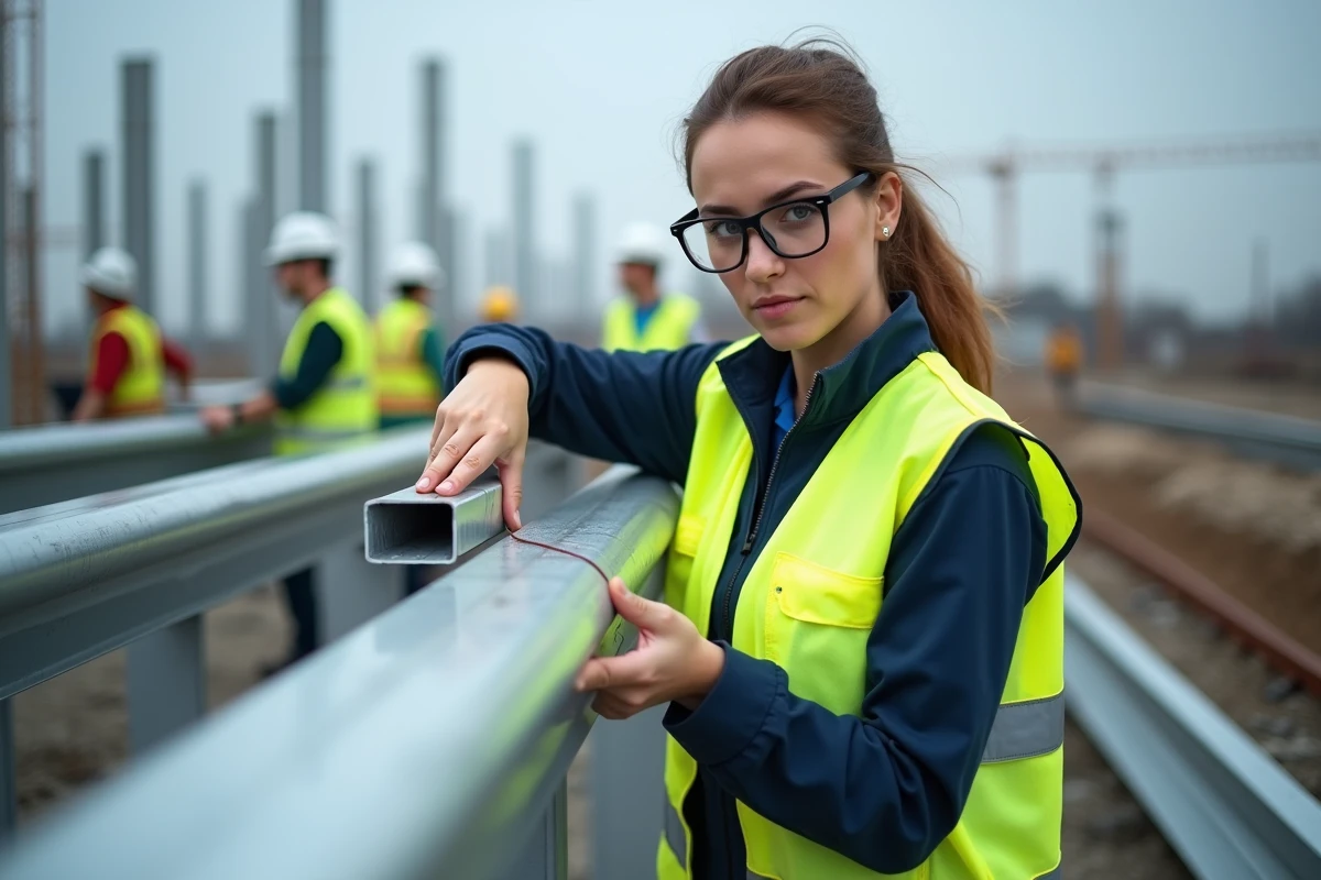 Ingénieure mesurant un tube aluminium rectangulaire sur un chantier de construction avec des structures métalliques en arrière-plan