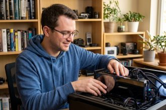 Homme installant une carte graphique dans un PC moderne