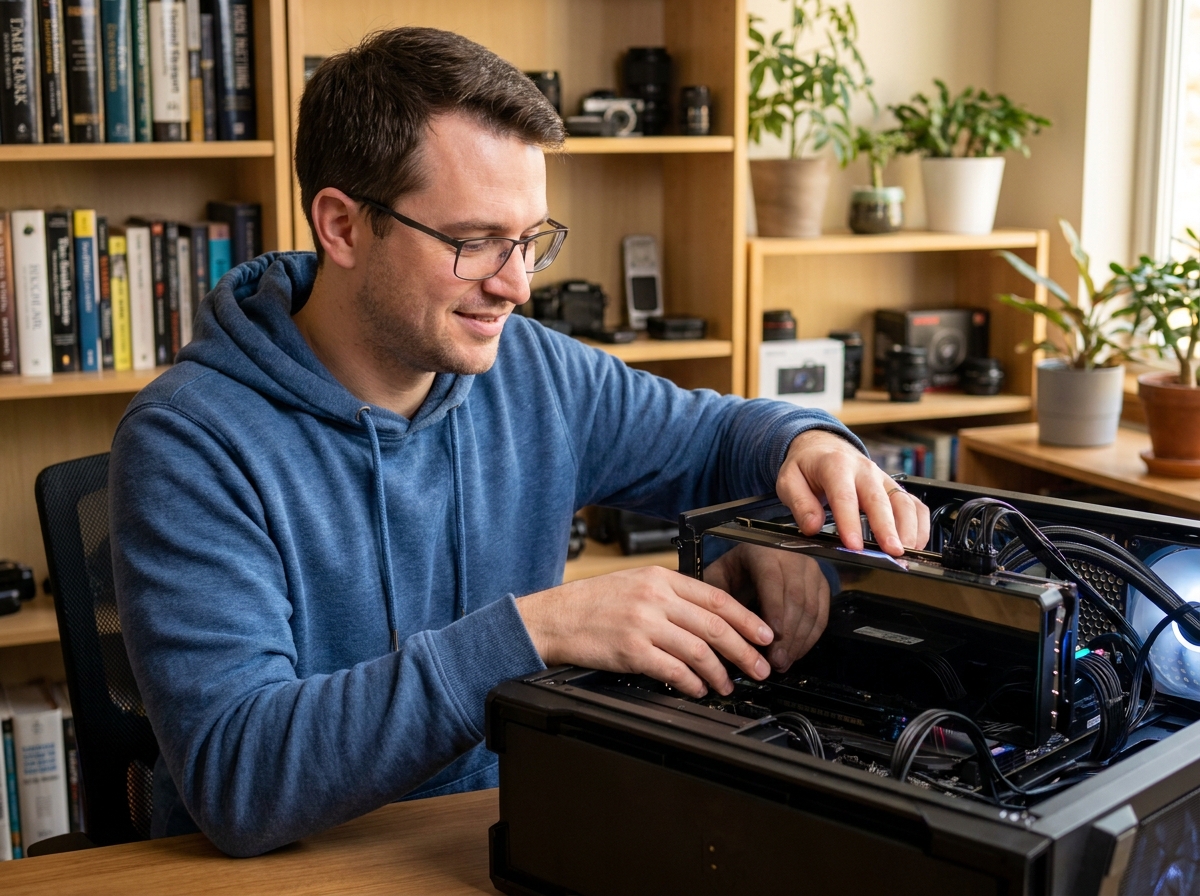 Homme installant une carte graphique dans un PC moderne