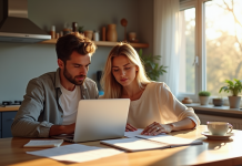 Jeune couple cherchant une maison sur un ordinateur dans la cuisine