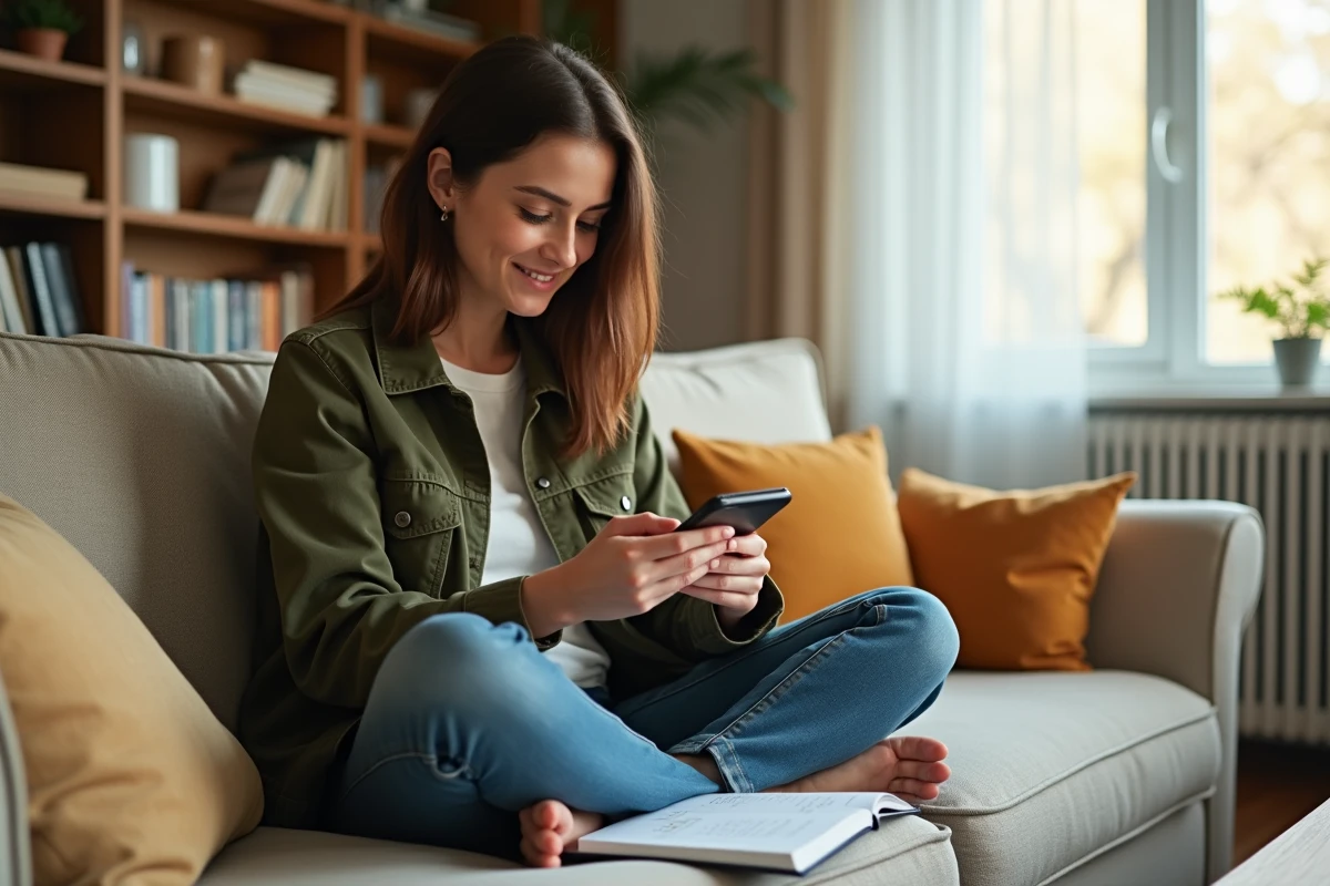 Jeune femme consultant les semaines paires et impaires 2026 sur smartphone avec agenda papier dans un salon cosy