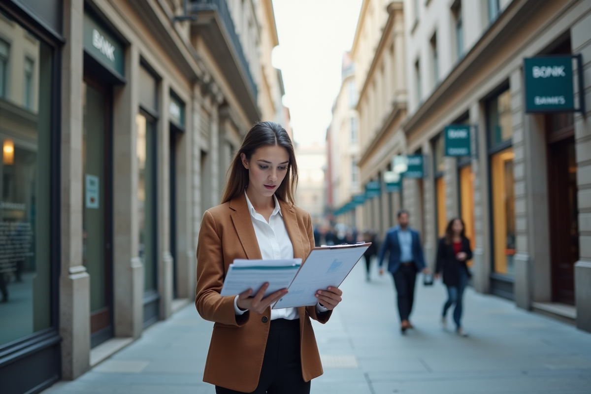 Jeune femme professionnelle comparant des graphiques devant banque