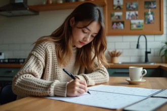 Jeune femme marquant des dates sur un calendrier dans la cuisine