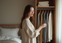 Méthode vestimentaire 333 : comment ça marche pour s’habiller minimaliste ? Jeune femme choisissant des vêtements dans une chambre minimaliste