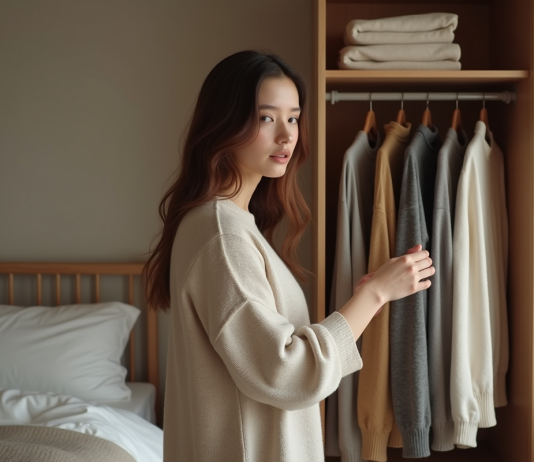 Méthode vestimentaire 333 : comment ça marche pour s’habiller minimaliste ? Jeune femme choisissant des vêtements dans une chambre minimaliste